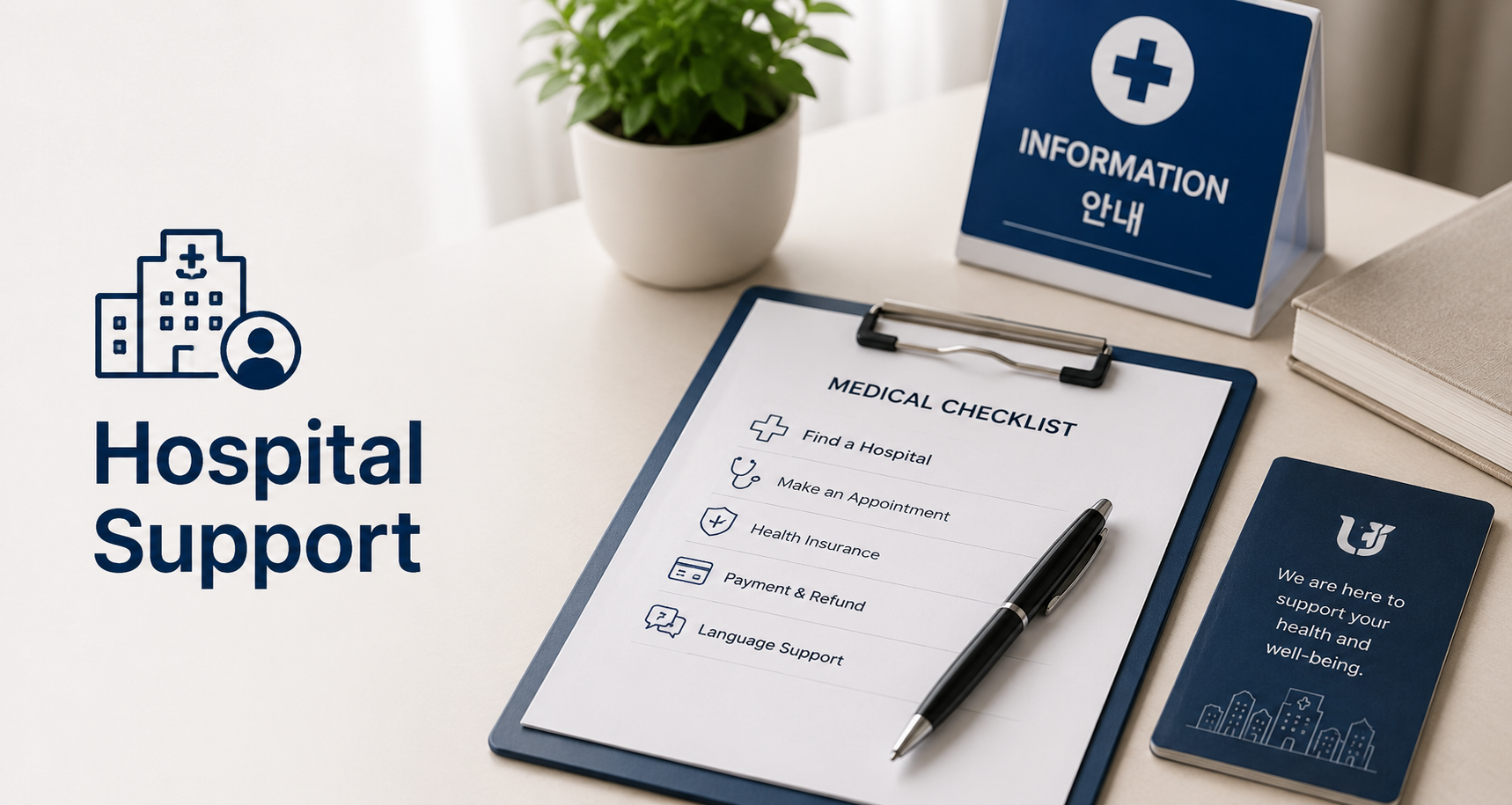 Hospital and clinic support services including appointment scheduling, medical translation, insurance guidance, and in-person accompaniment for foreigners in Korea.