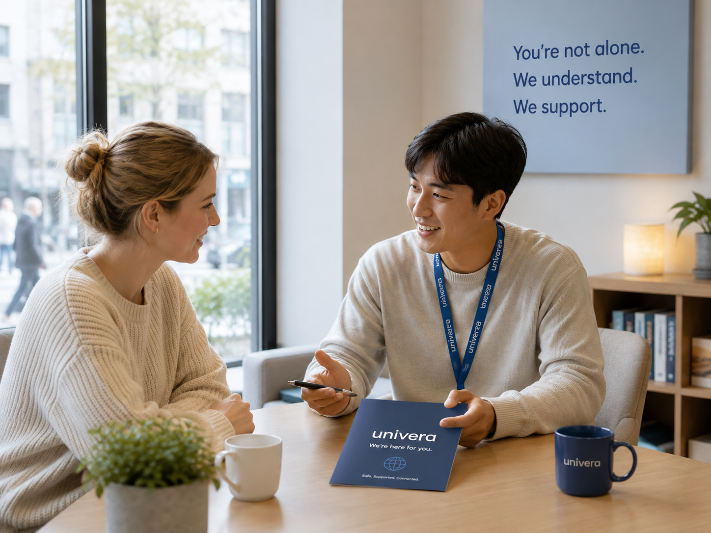 Foreigner receiving guidance and support while navigating life in Korea through Univera's assistance services.