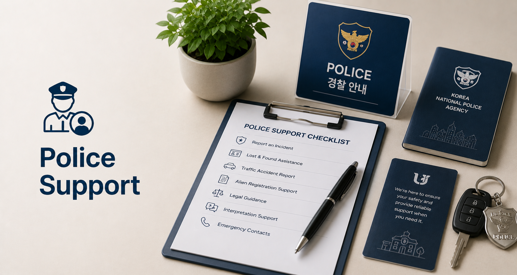 Police support services including report filing assistance, translation support, lost property guidance, and communication assistance for foreigners in Korea.