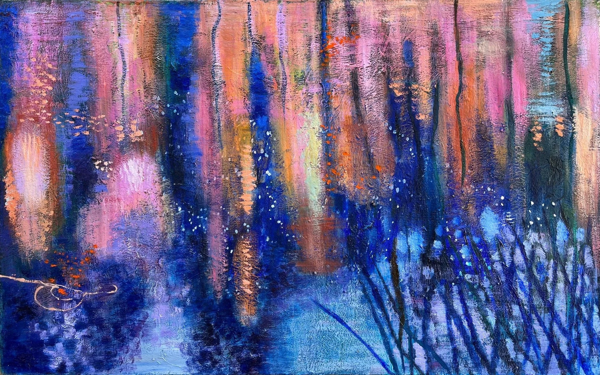 Reflections on Water
Original lake painting with water reflections and soft light