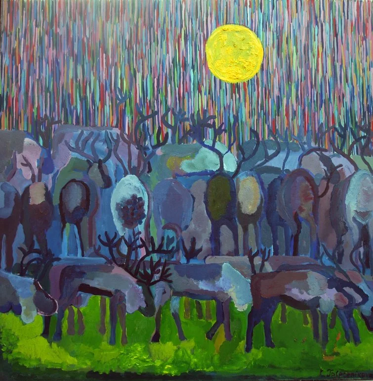 An expressive nocturnal landscape filled with layered color, moonlight, deer and abstract natural forms.