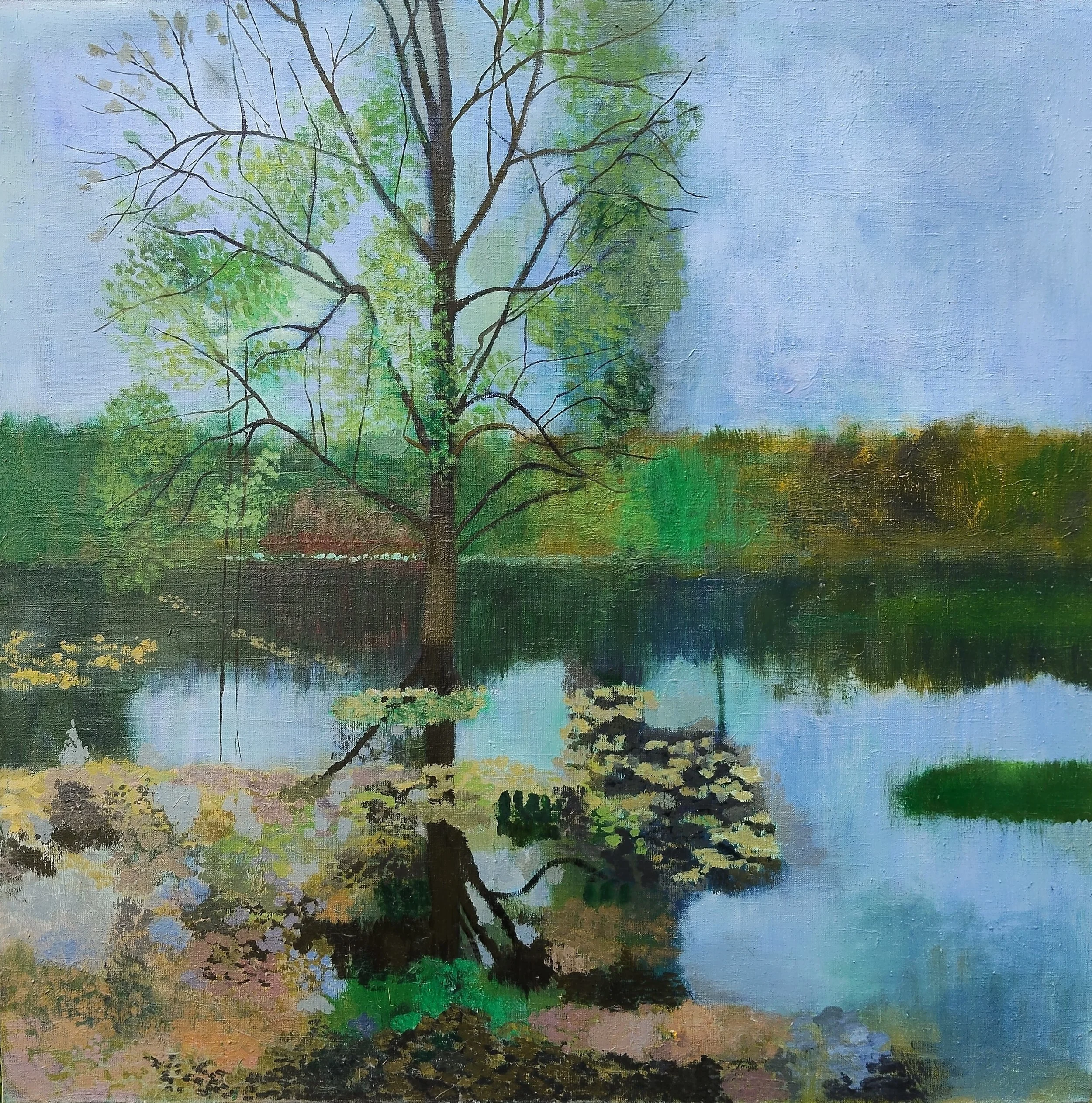 Spring reflections
Original lake painting with water reflections and soft light
