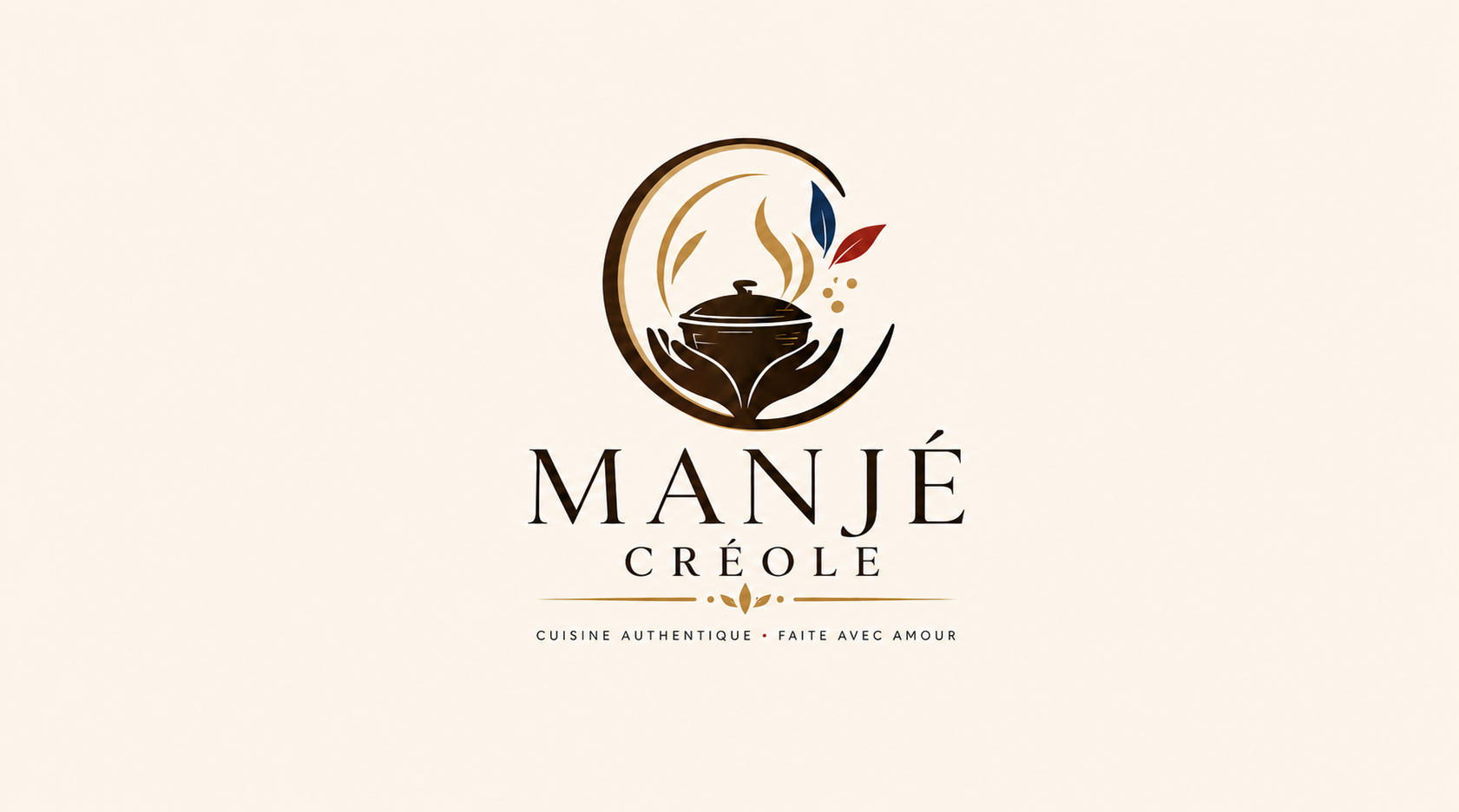 Logo mit einer Hand, die eine Kasserolle hält, Pfeile und Blätter, darunter der Name »Manjé Créole« und der Slogan »Küche authentisch, gemacht mit Liebe«.