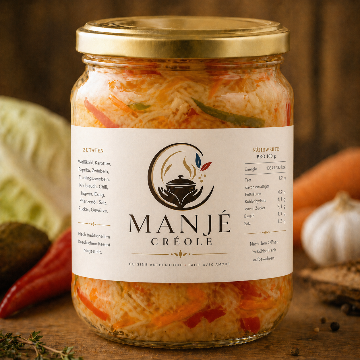 Ein Glas mit Sauerkraut, umgeben von Knoblauch, Paprika und Gewürzen auf einem Holztisch.