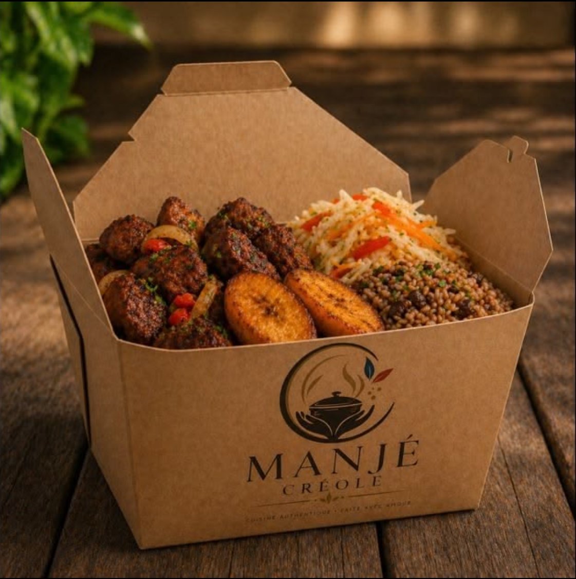 Takeaway-Box mit gegrillten Fleischbällchen, gebratene Bananen, Couscous und Reis mit Gemüse