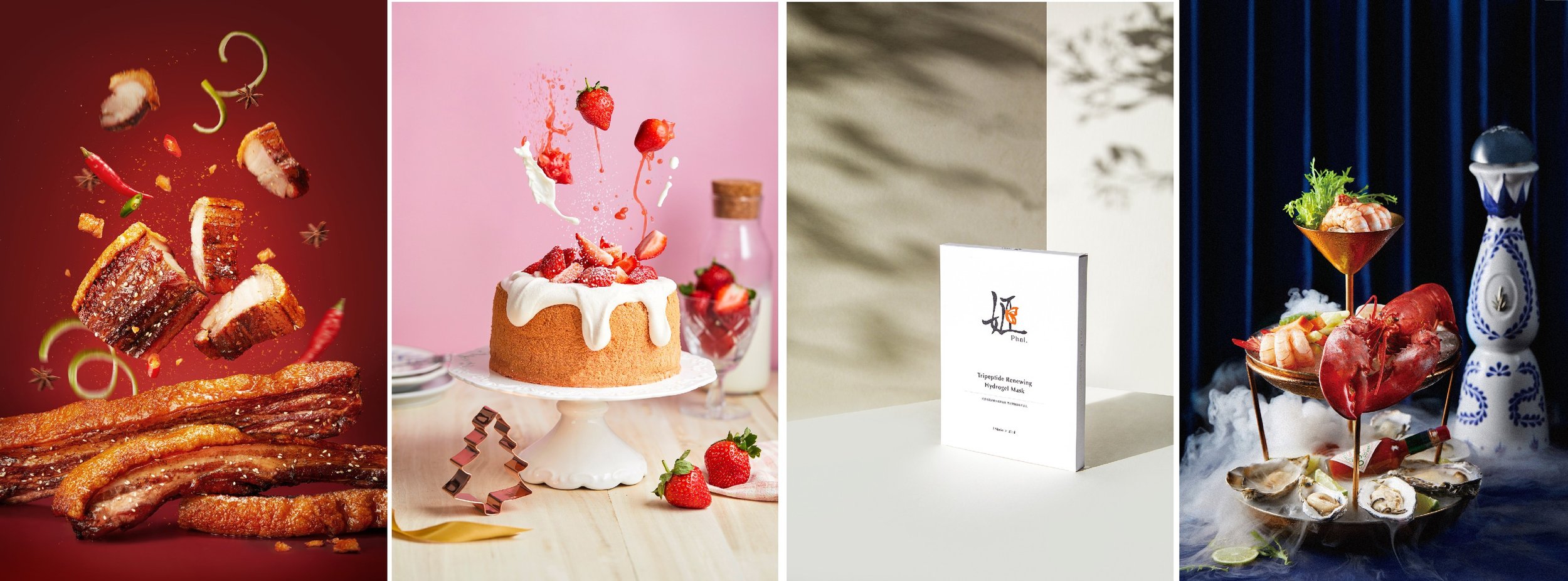 Collage of four images: (1) Fried pork belly belly with chili and star anise, (2) Strawberry cake with white frosting and fresh strawberries, (3) Skincare product packaging labeled "Trippetide Renewing Hydrogel Mask," (4) Gourmet seafood platter with lobster, oysters, shrimp, and herbs on a decorative stand.