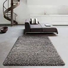 Modern living room with black sofa, spiral staircase, gray area rug, white walls, and minimalist decor.