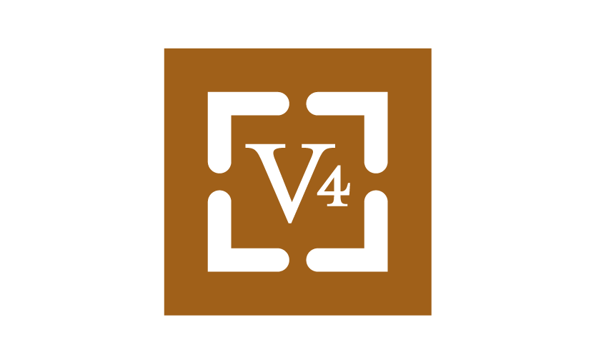 Logo with a brown square background, white framing lines, and a white 'V4' in the center.