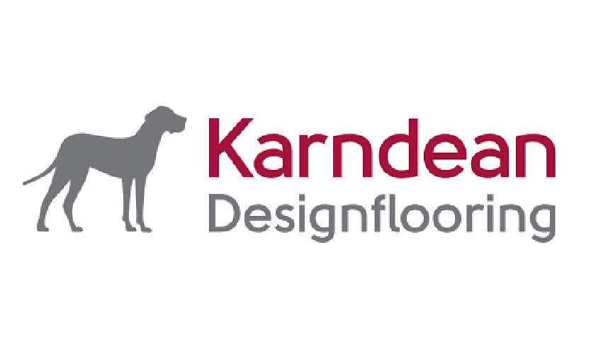 Logo for Karndean Design Flooring featuring a gray dog silhouette and the company name in maroon and gray text.