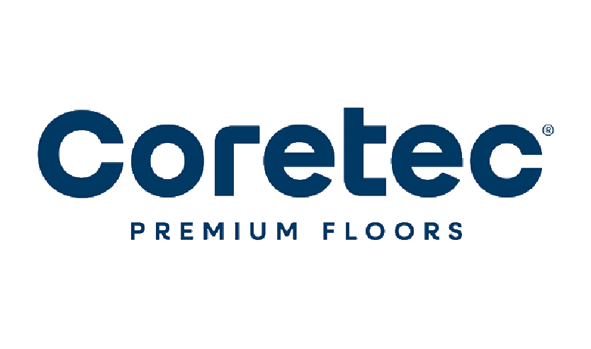 Coretec Premium Floors logo in blue text on a transparent background.