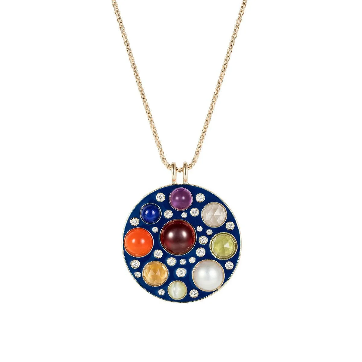 Gold necklace with circular pendant featuring colorful gemstones and small diamonds on a white background.