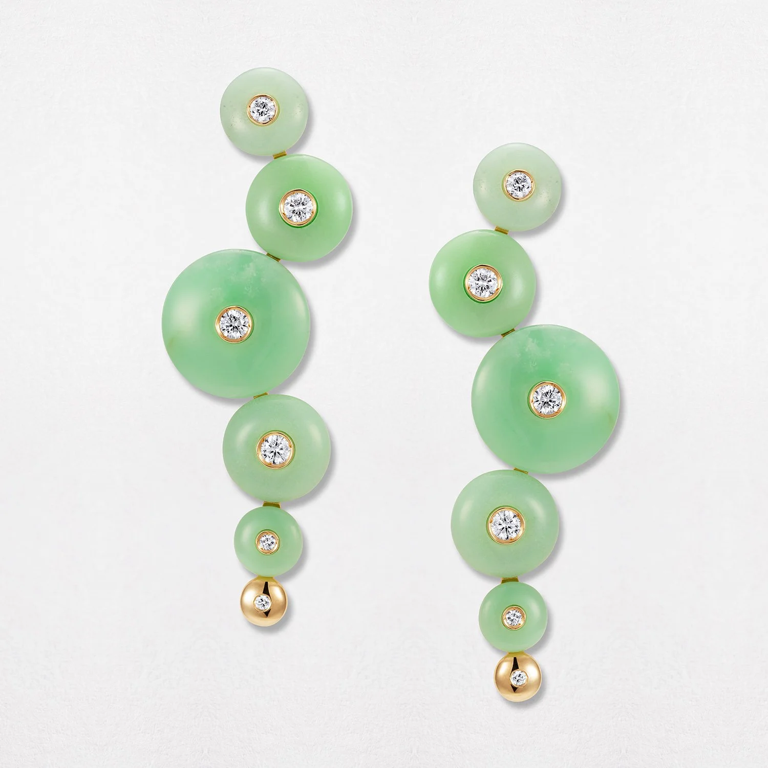 Green bead necklace with embedded diamonds and gold accents, laid flat on a white surface.