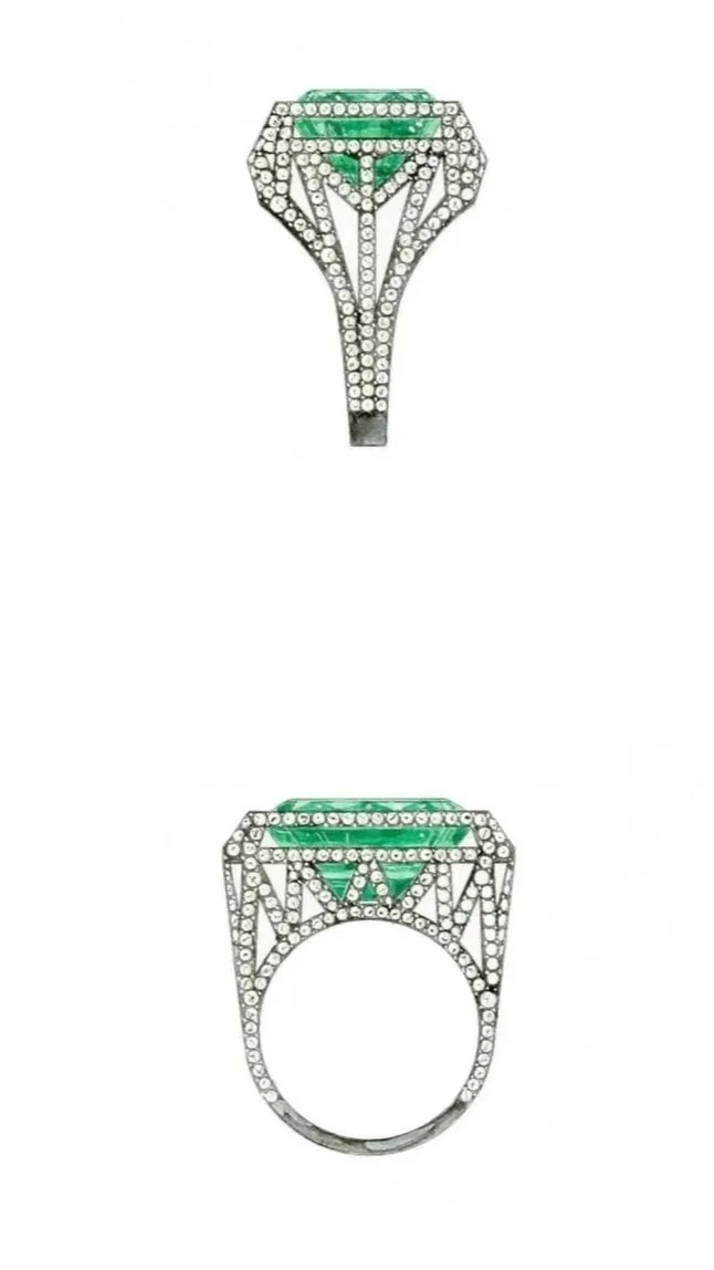 A silver ring with a large, green gemstone and numerous small clear stones arranged in a pattern that resembles a diamond ring design.