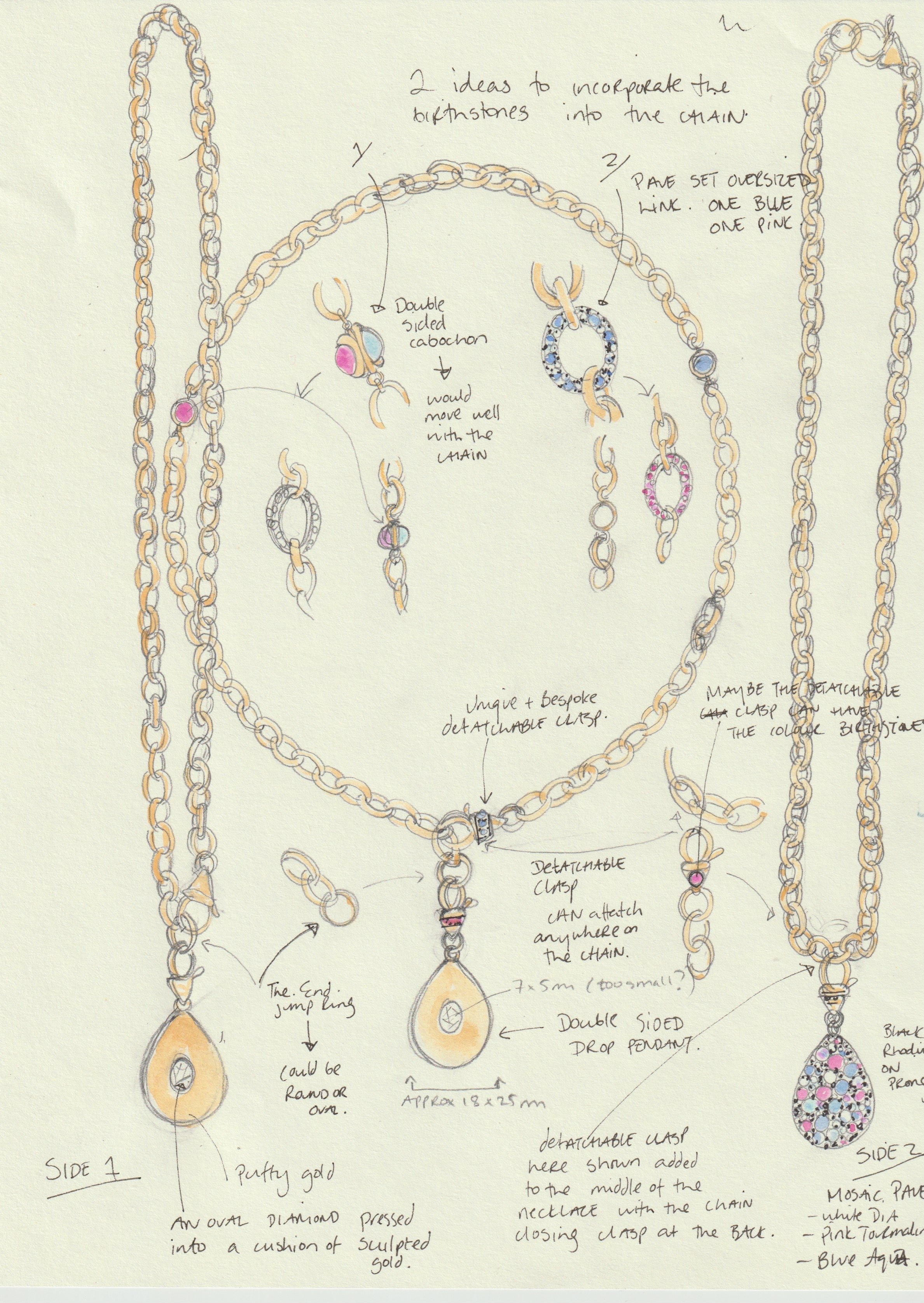 Sketch of a jewelry design featuring various necklaces and pendants with detailed notes on materials, sizes, and clasp types, including gold, diamonds, sapphires, and colorful gemstones.