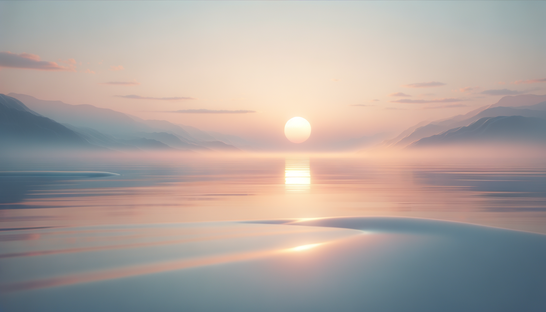 A serene landscape of a sunrise over a calm body of water with mountains in the background, soft pastel colors, and mist near the water surface.