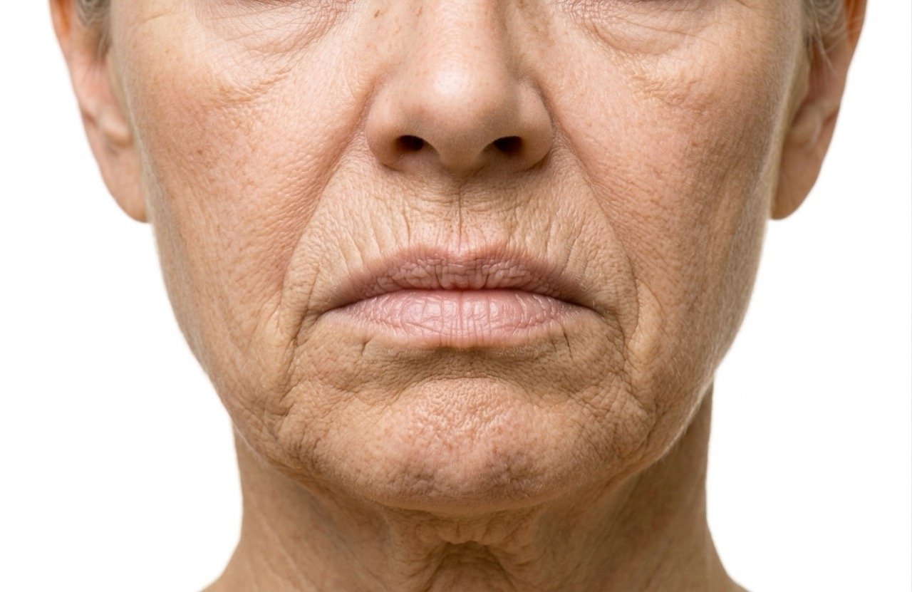 Close-up of an elderly woman's face showing signs of aging, such as wrinkles and fine lines, with a neutral expression.