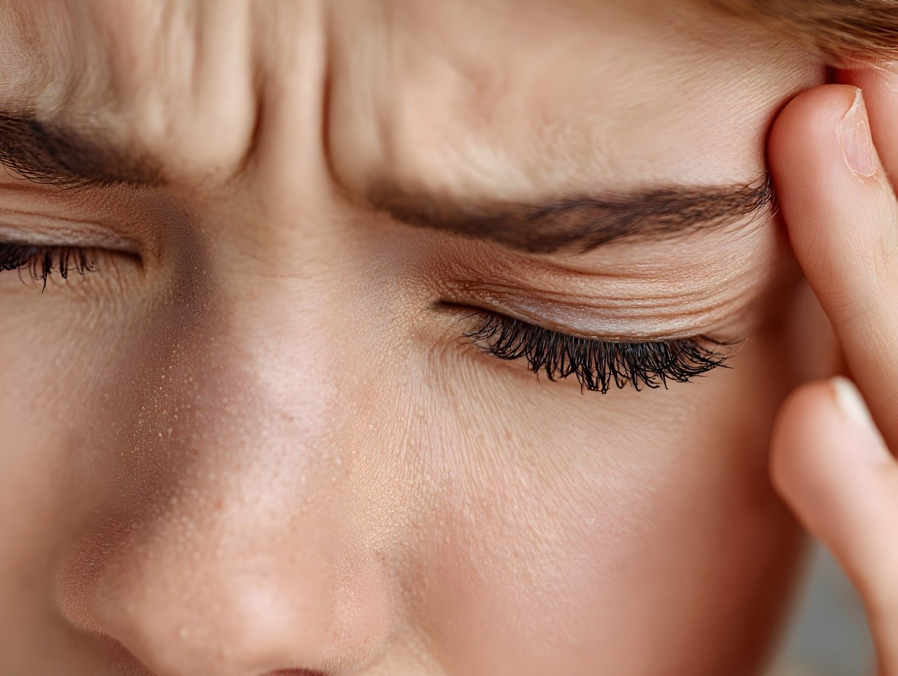 Close-up of a woman with a pained expression, pinching her forehead with her fingers.