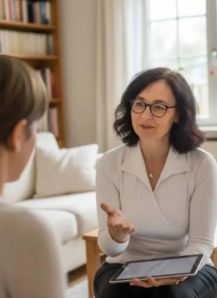 A woman with dark, curly hair and glasses talking to a person with short brown hair, holding a tablet, in a cozy living room with a large window, beige sofa, and bookshelf.