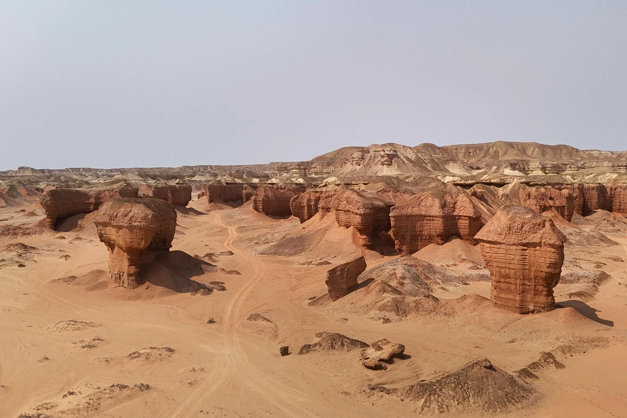 Paisaje desértico con formaciones rocosas y caminos arenosos, sin vegetación notable, en un cielo despejado.