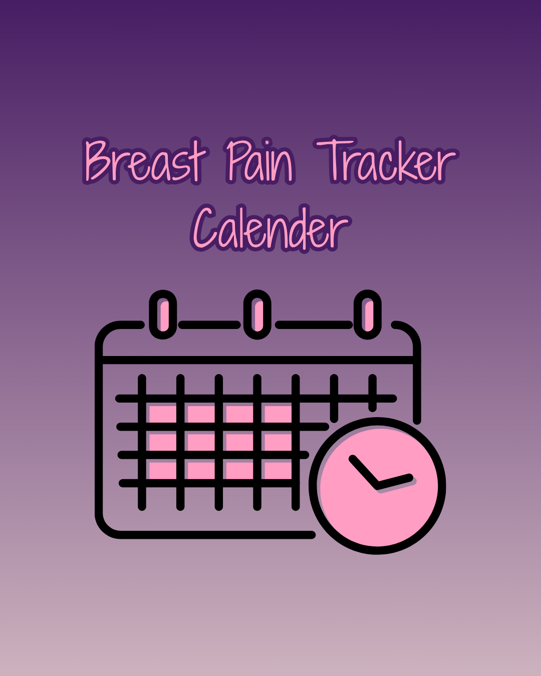 A digital illustration of a menstrual breast pain tracker calendar with a pink clock, purple background, and pink and black outlines.