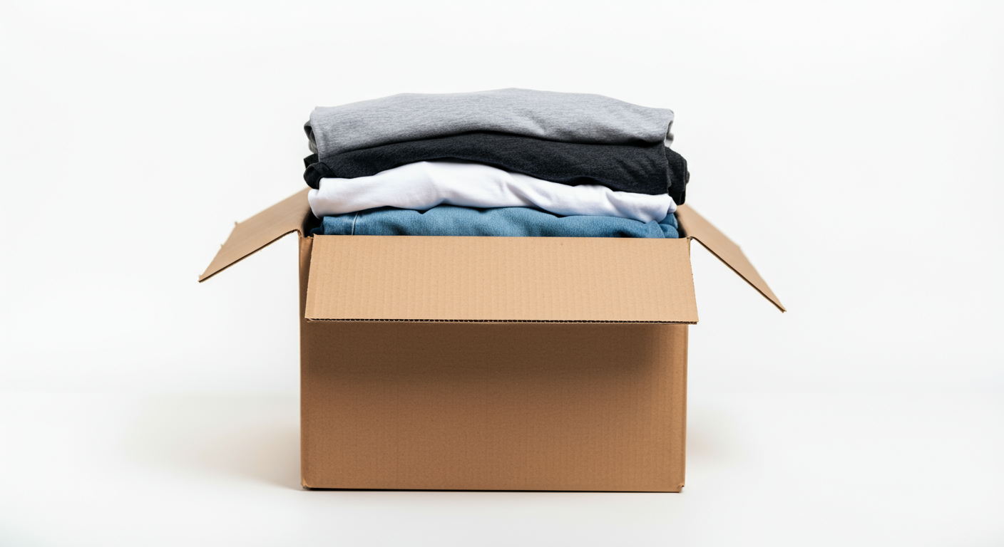 A cardboard box filled with neatly folded clothes, including grey, black, white, and blue shirts, against a plain white background.