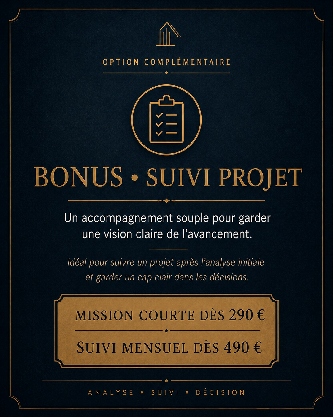 Bonus Suivi Projet d’Alexandre Stratégie Immobilière : accompagnement immobilier après analyse initiale pour suivre l’avancement, sécuriser les décisions, prioriser les actions et garder une vision claire du projet.