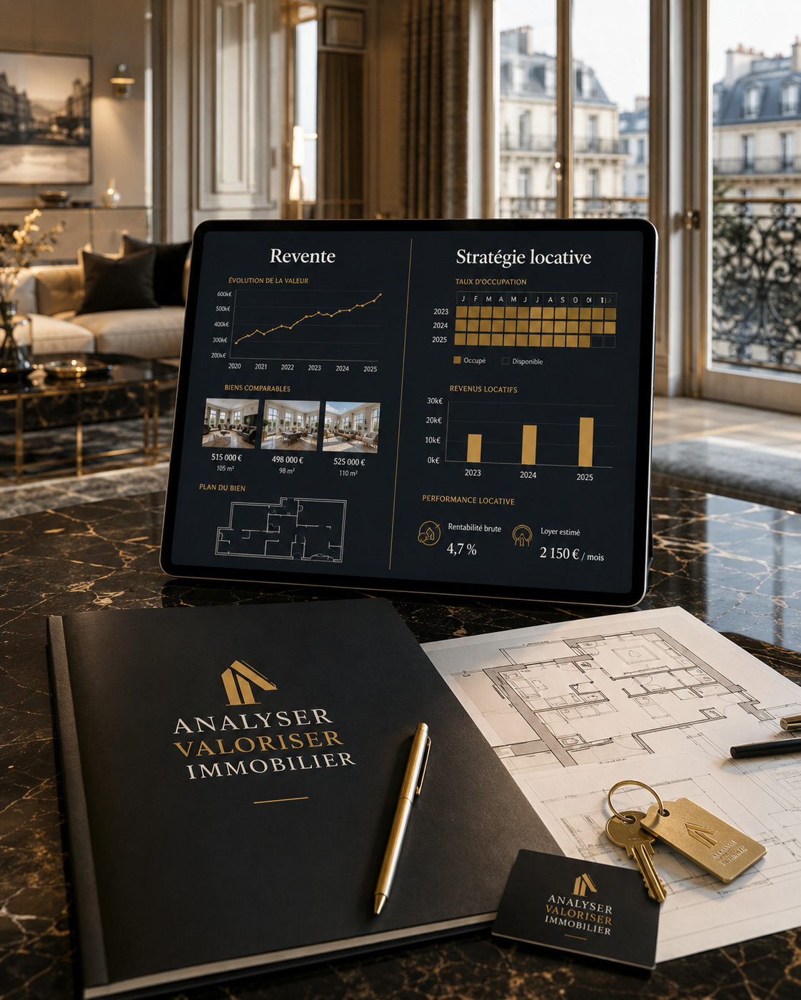 Analyse stratégique d’un projet immobilier avec données de rentabilité, plan d’appartement, potentiel de valorisation et recommandations avant décision.