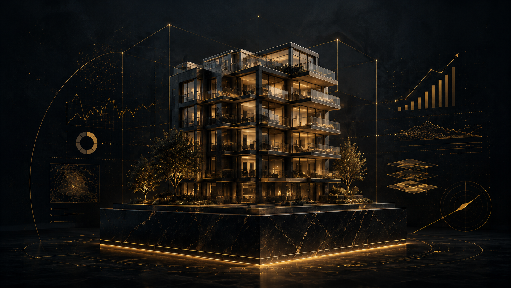 Immeuble résidentiel moderne avec données d’analyse et indicateurs de performance, illustrant l’investissement immobilier, le potentiel de valorisation et la stratégie patrimoniale.