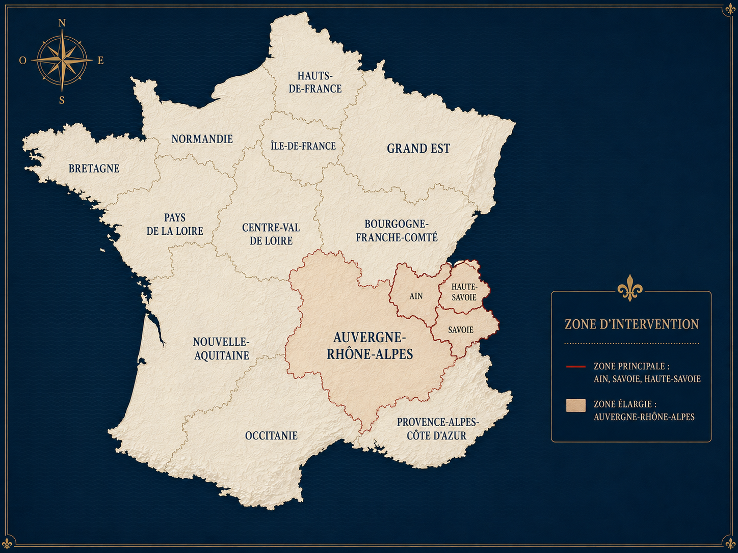 Carte de France présentant la zone d’intervention d’Alexandre Stratégie Immobilière, avec accompagnement principal en Savoie, Haute-Savoie et dans l’Ain, et ouverture aux projets immobiliers en Auvergne-Rhône-Alpes et partout en France selon projet.