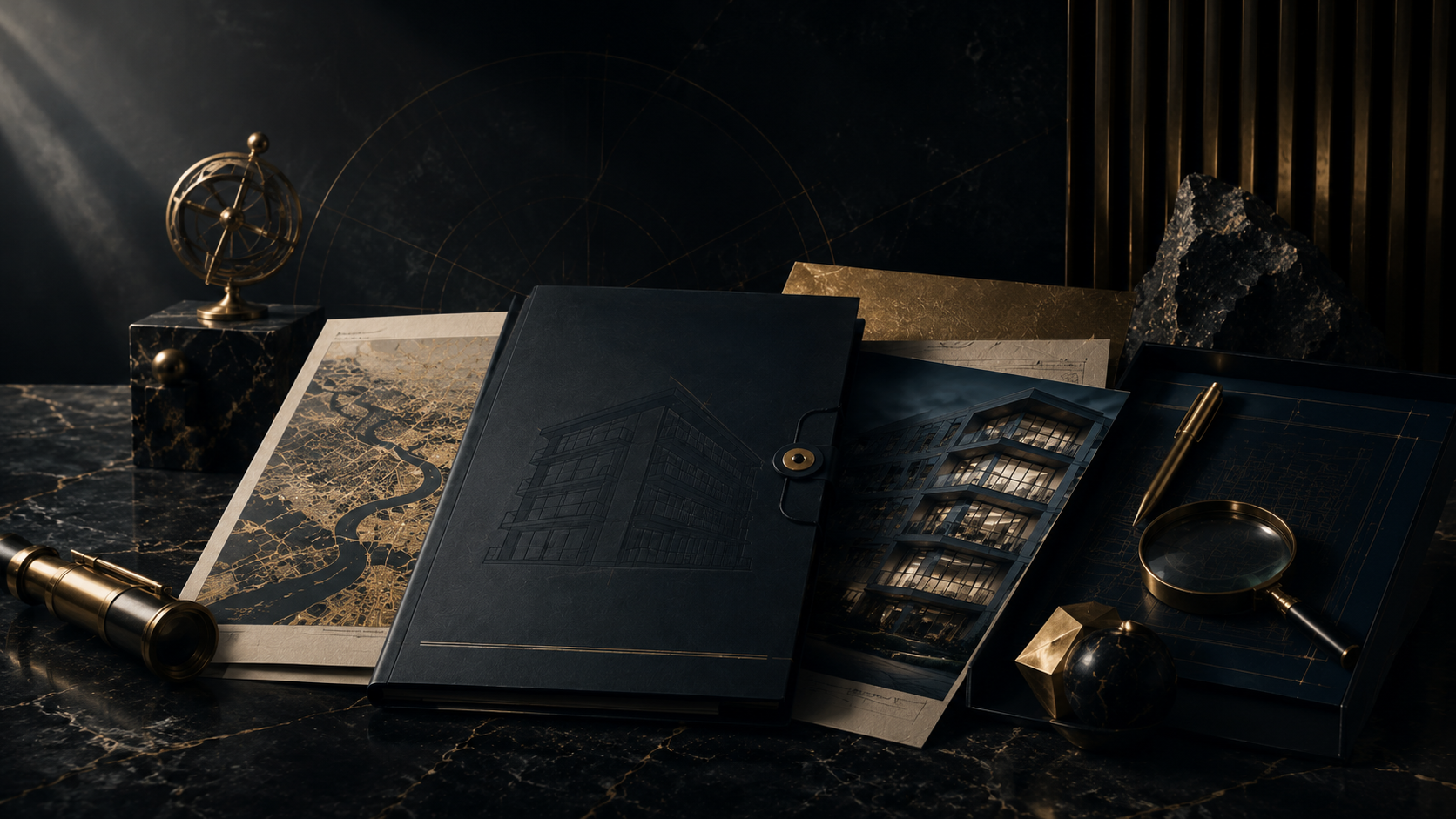 Documents architecturaux et étude de projet immobilier sur bureau en marbre noir, représentant l’analyse immobilière, l’évaluation d’un bien et la préparation à la valorisation.