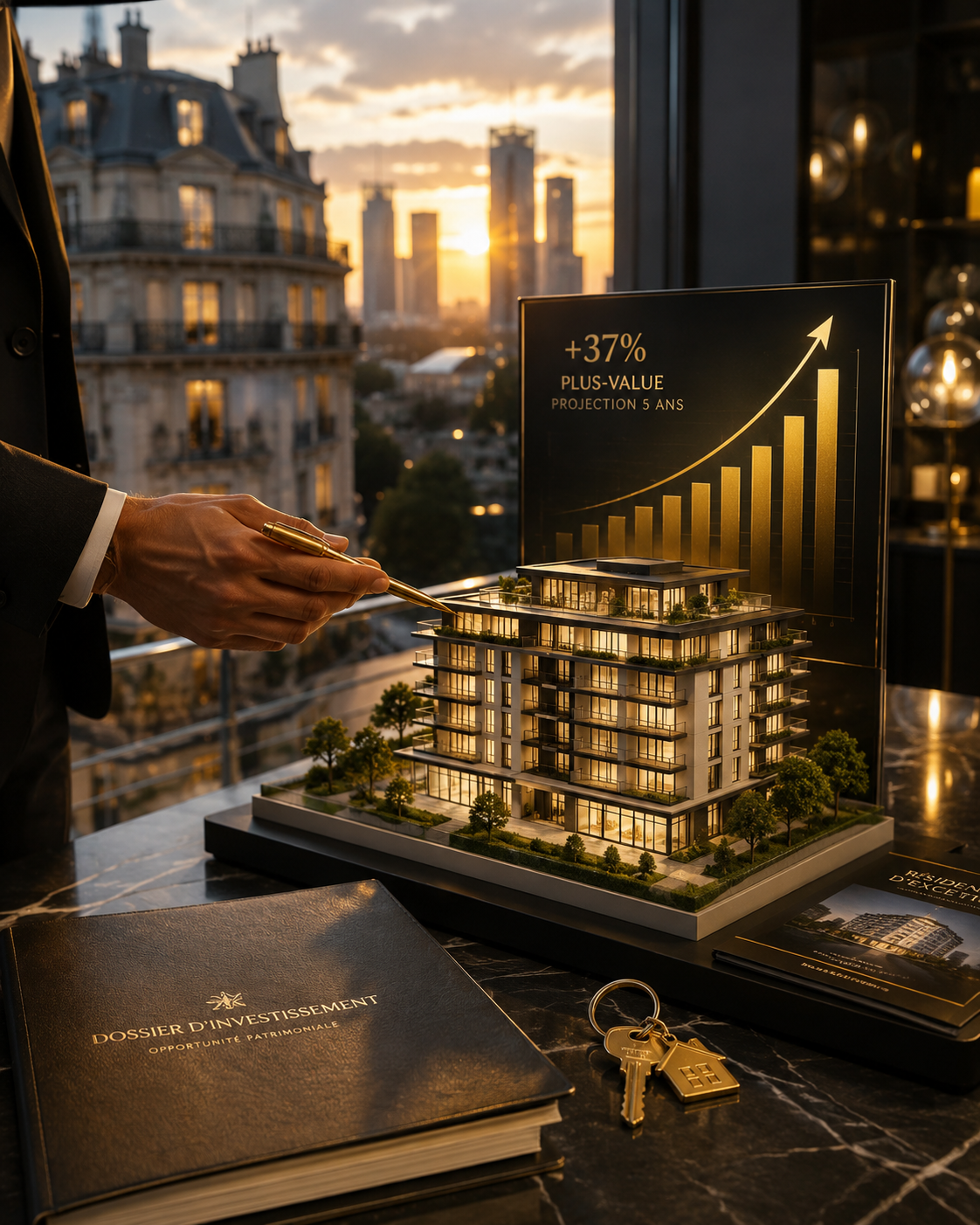 Étude du potentiel d’un immeuble résidentiel avec projection de valeur, stratégie d’investissement immobilier et scénarios de valorisation sur le long terme.