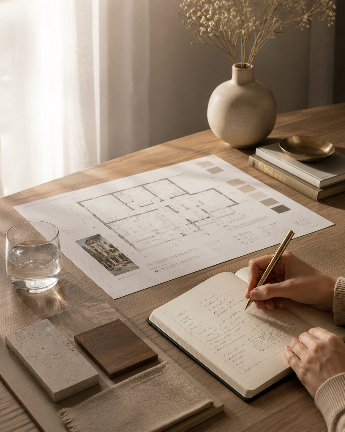 Analyse d’un projet immobilier avec plans d’architecture, carnet de notes et échantillons de matériaux pour préparer une rénovation ou une valorisation de bien.