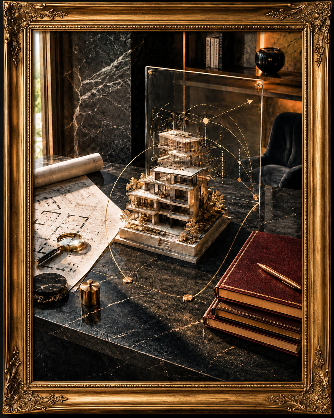 Maquette 3D d’un projet immobilier sur table en marbre, illustrant l’analyse du potentiel, la valorisation d’un bien et la stratégie immobilière avant décision.