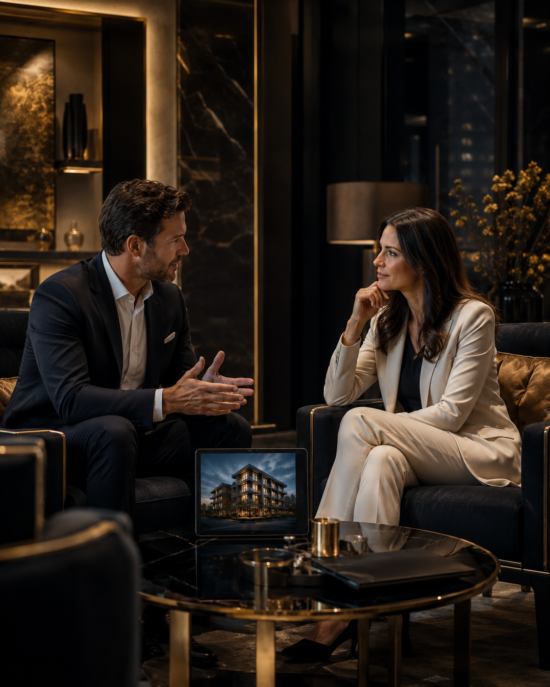 Accompagnement en stratégie immobilière lors d’un échange client autour d’un projet d’achat, de rénovation ou d’investissement immobilier.