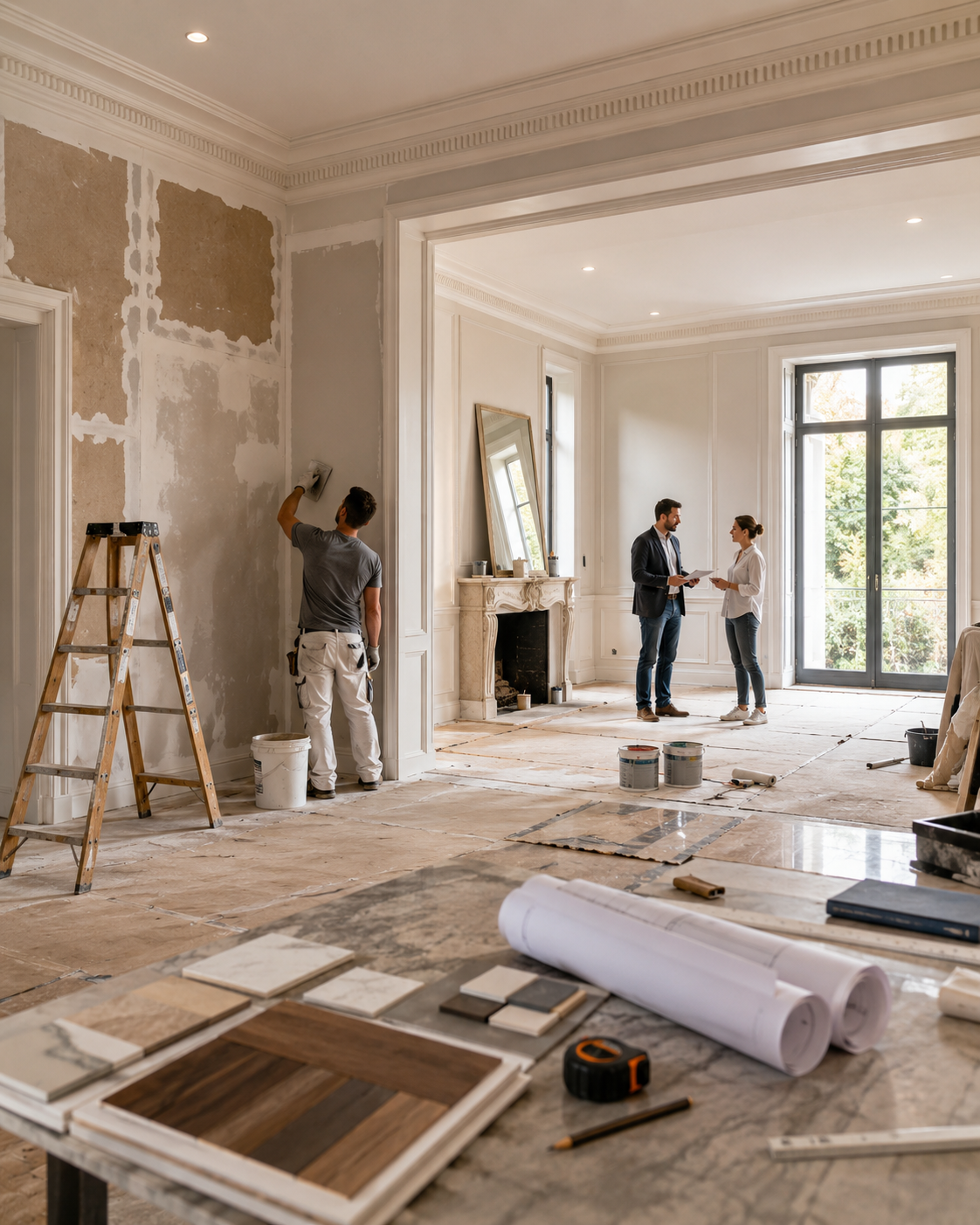 Suivi de rénovation immobilière dans un bien en travaux, avec analyse des matériaux, coordination du projet et identification des leviers de valorisation.