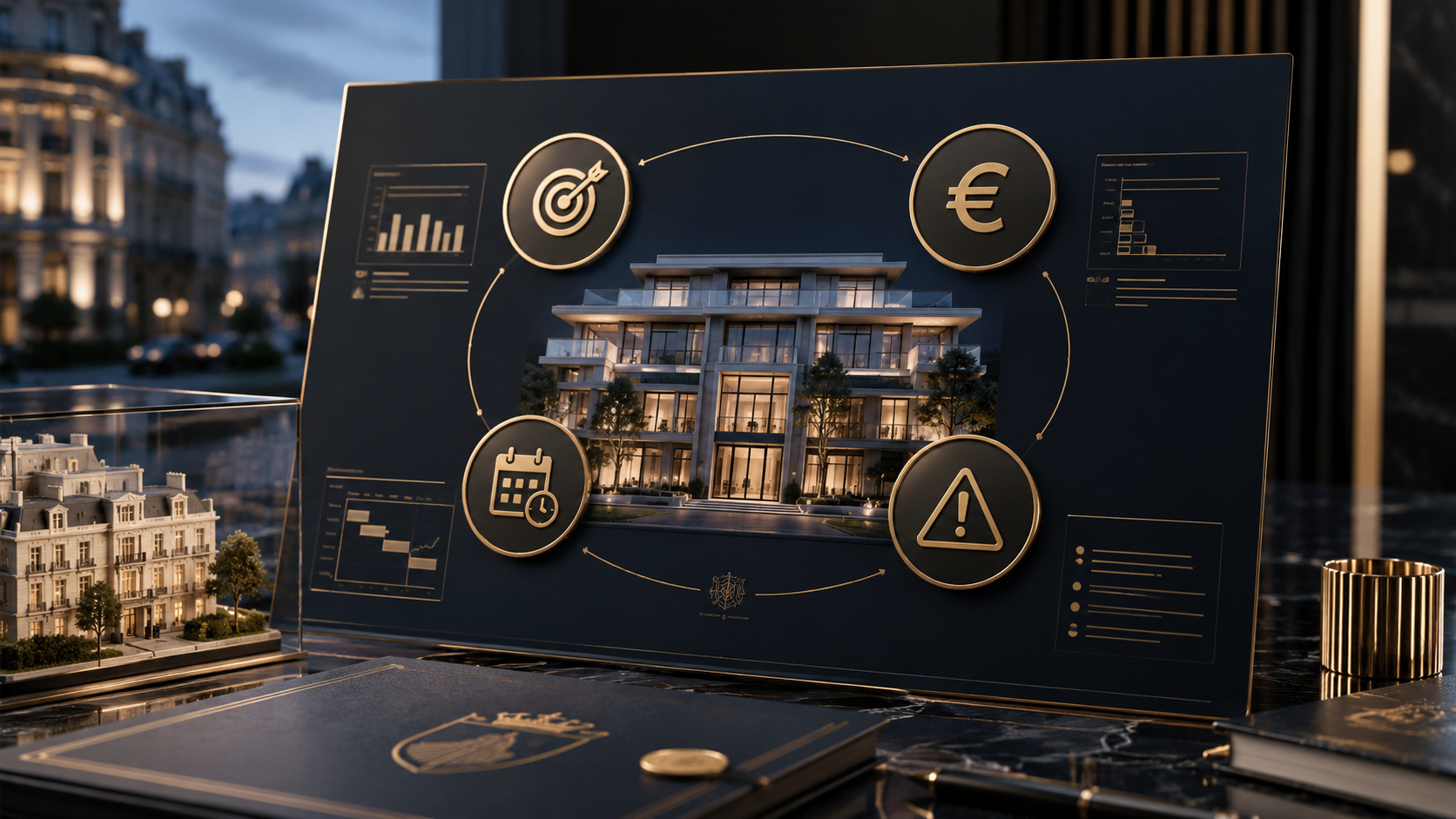 Analyse d’investissement immobilier avec maquette de bâtiment résidentiel, indicateurs financiers, potentiel de rentabilité et stratégie de valorisation.