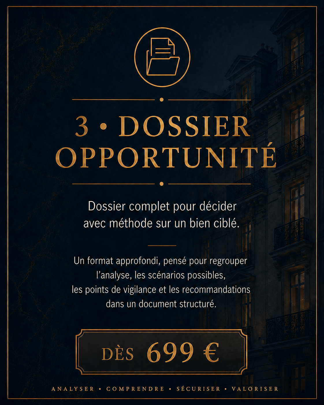 Offre Dossier Opportunité d’Alexandre Stratégie Immobilière : analyse approfondie d’un bien ciblé avec étude du potentiel, scénarios possibles, points de vigilance et recommandations structurées avant décision immobilière.