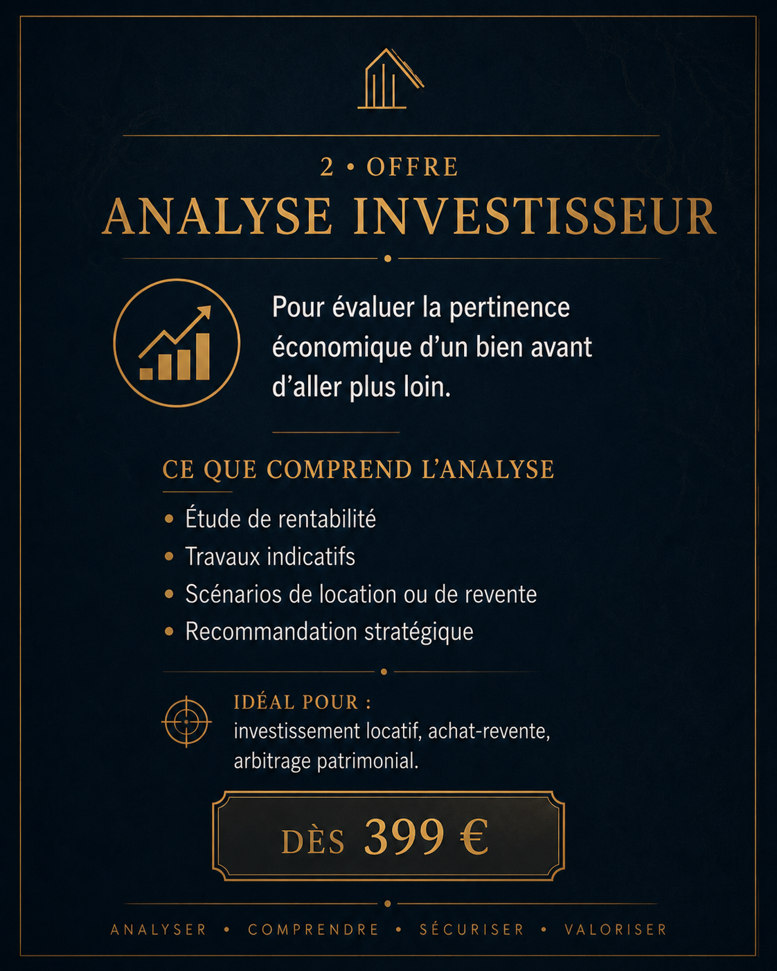 Offre Analyse Investisseur d’Alexandre Stratégie Immobilière : étude du potentiel, de la rentabilité, des travaux indicatifs, des risques et des scénarios possibles avant achat, location ou revente.