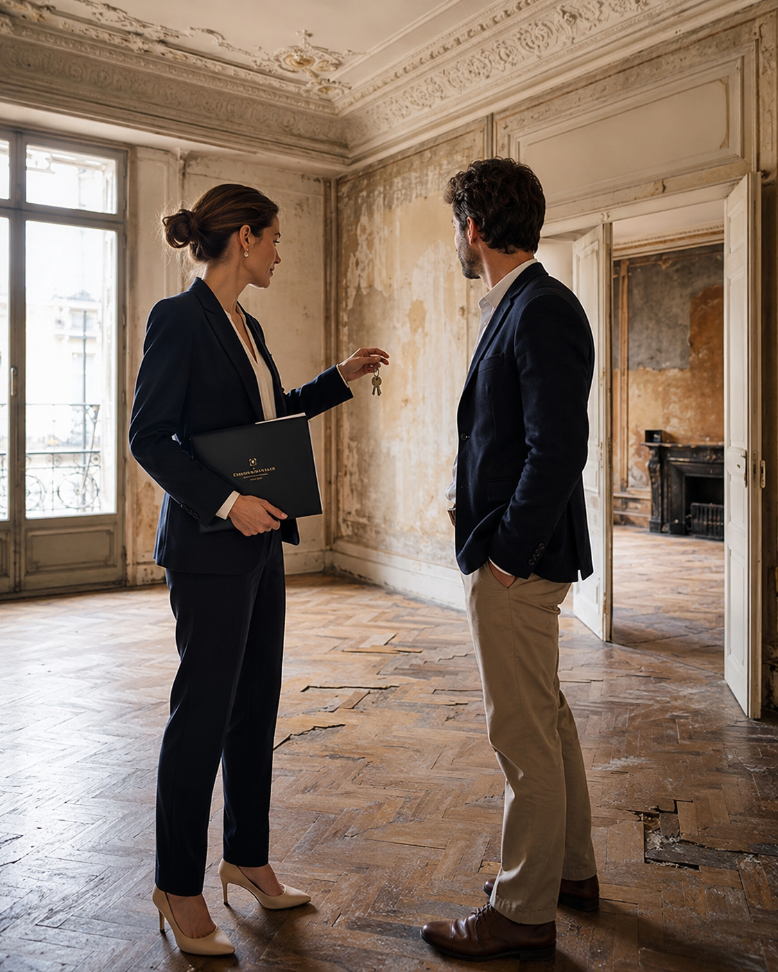 Visite et analyse d’un bien immobilier à rénover avec remise de clés, identification des travaux, des risques et du potentiel de valorisation.