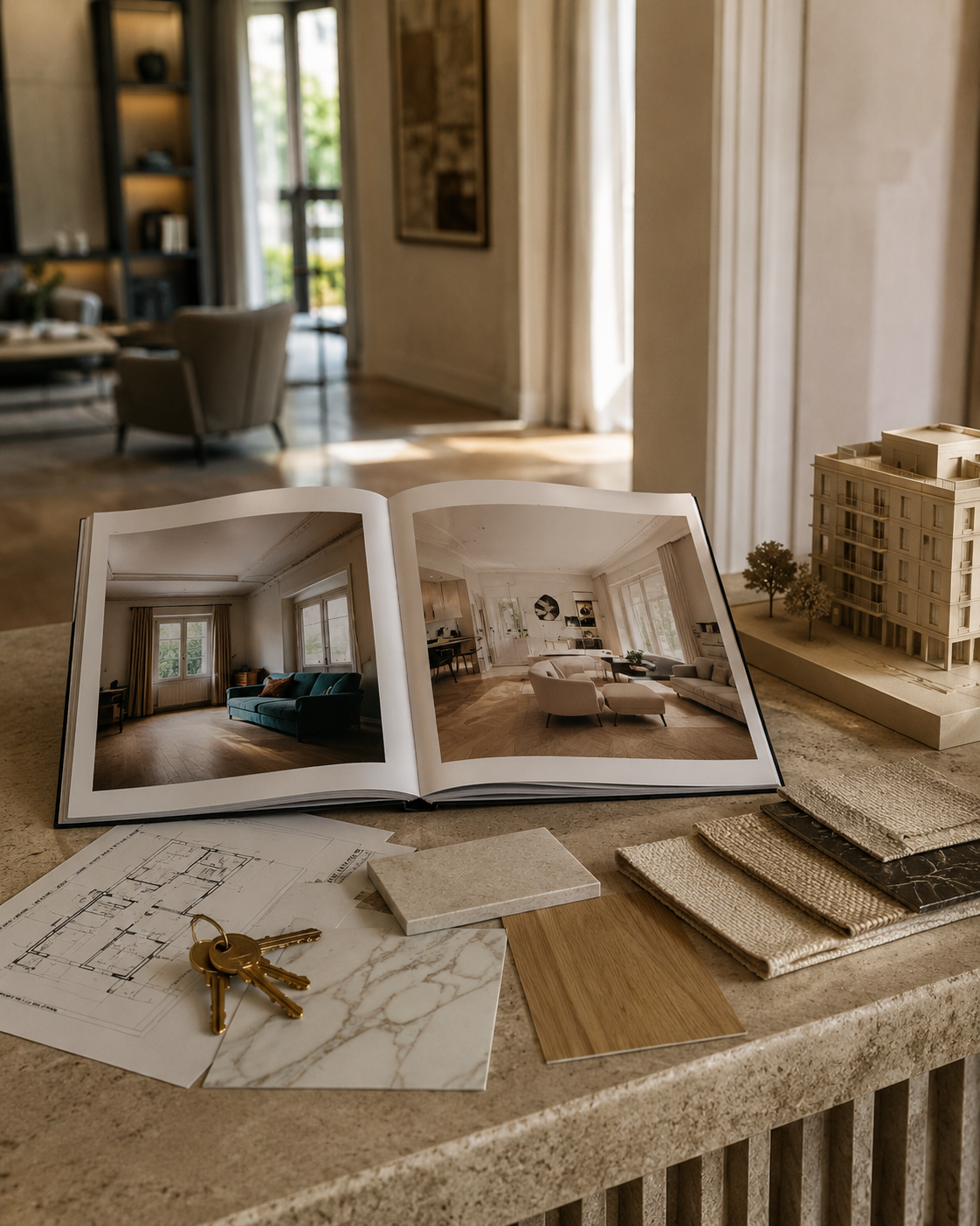 Étude de valorisation immobilière avec maquette de bâtiment, projections d’aménagement, échantillons de matériaux et clés pour analyser le potentiel d’un bien.