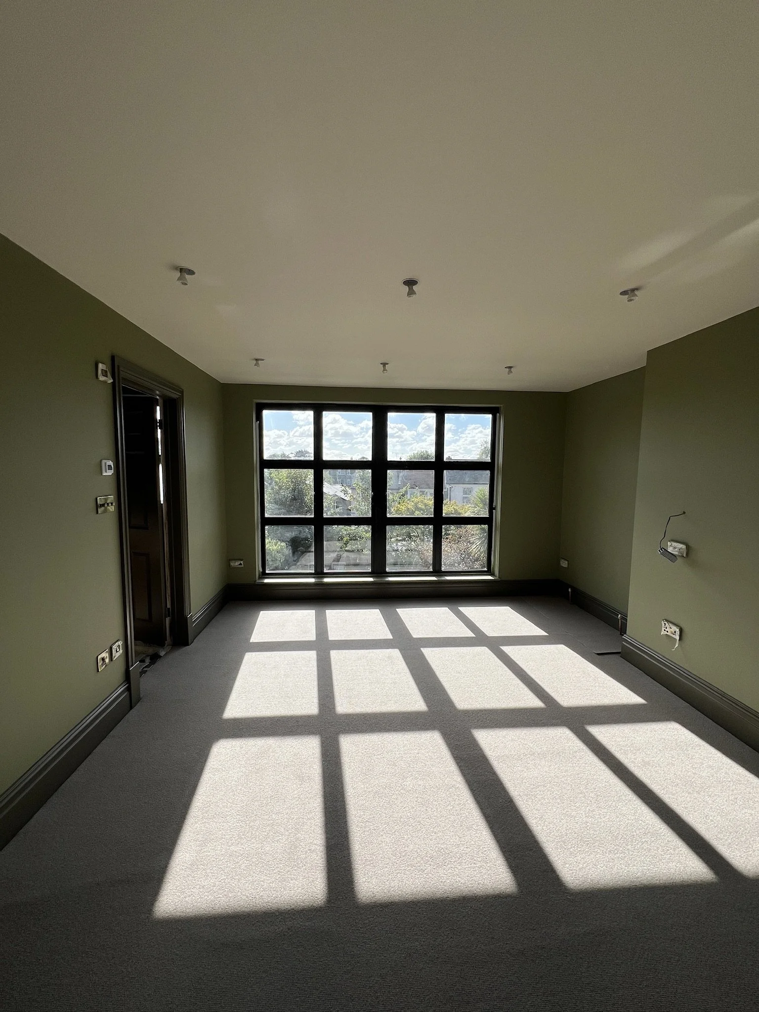 A room with green walls, a large window letting in sunlight, and shadows on the light-colored carpeted floor.