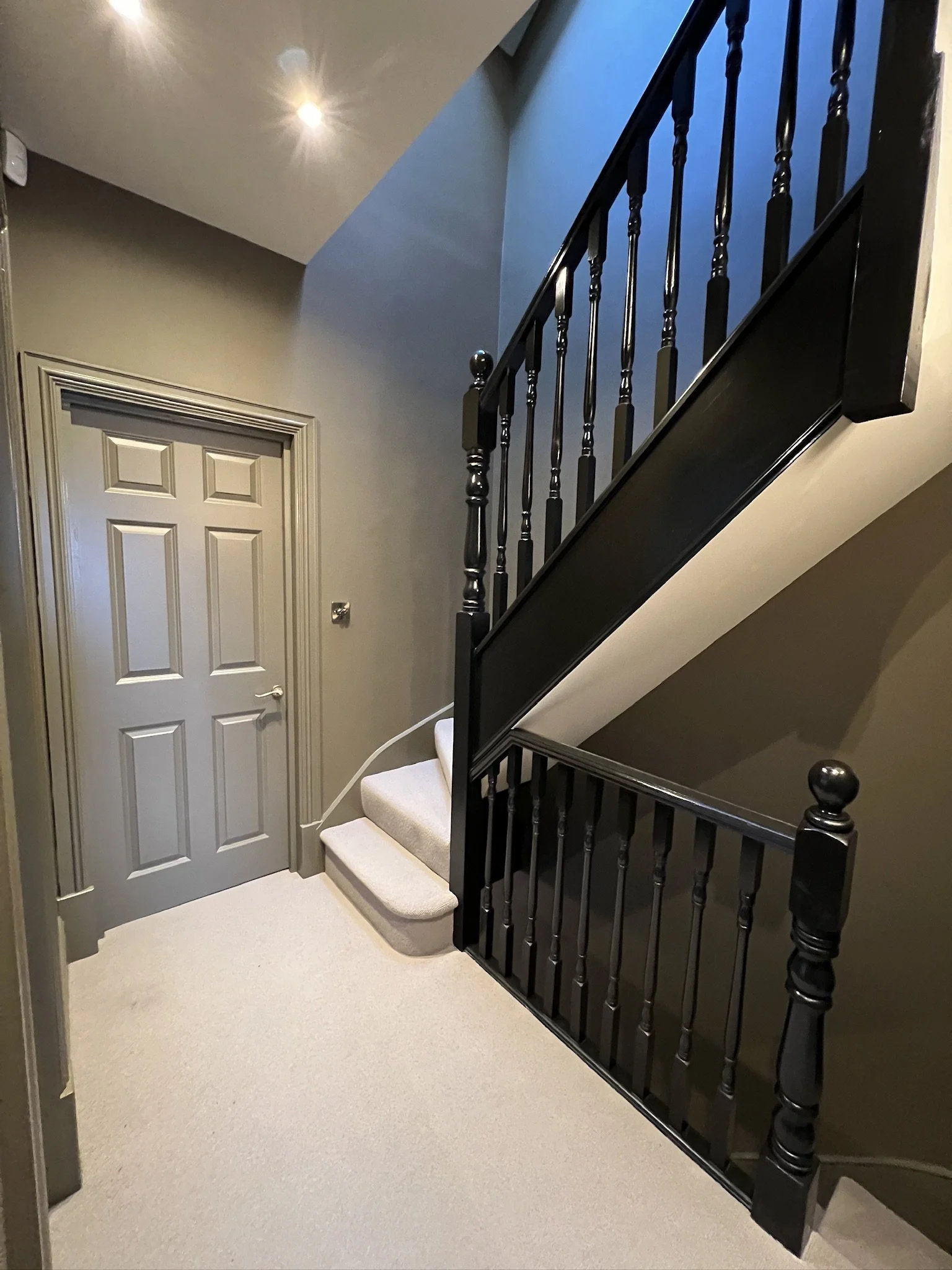 Interior view of a staircase with a black wooden banister and beige carpeted steps, next to a closed gray door in a residential setting, with neutral-colored walls and ceiling lights.