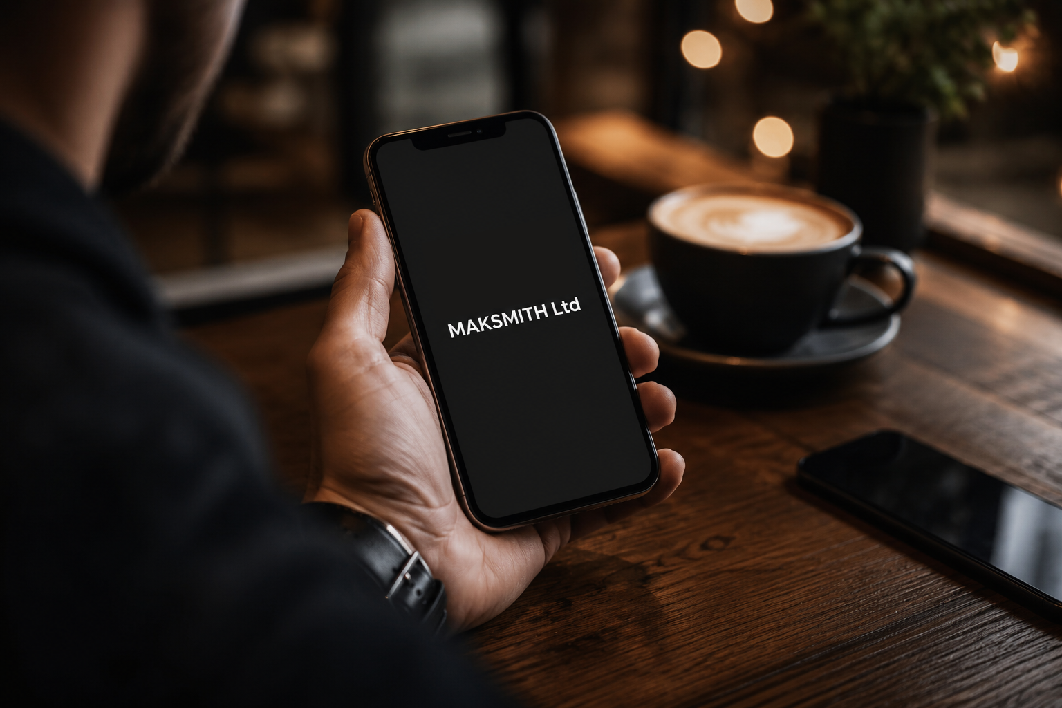 Person holding a smartphone with 'MAKSMITH Ltd' on the screen, sitting at a wooden table with a cup of coffee and another phone nearby in a cozy, dimly lit coffee shop.