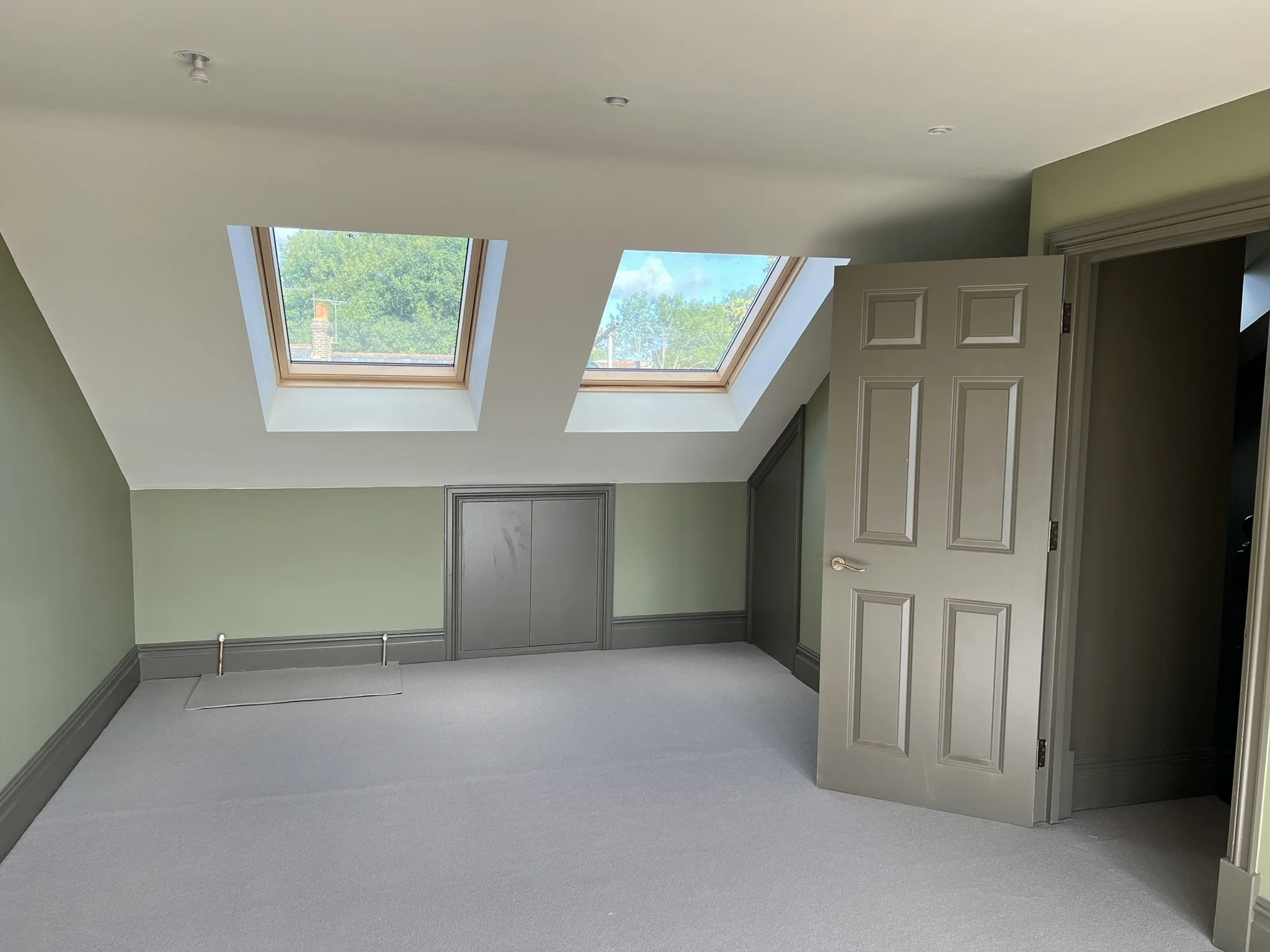 An empty room with pale green walls, gray trim, and two skylights in the ceiling revealing trees outside, with a closet door open.