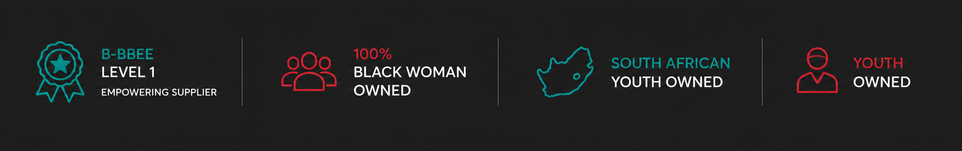 A digital infographic showing branding for B-BBEE Level 1 empowerment supplier, 100% Black woman owned, South African youth owned, and youth owned.