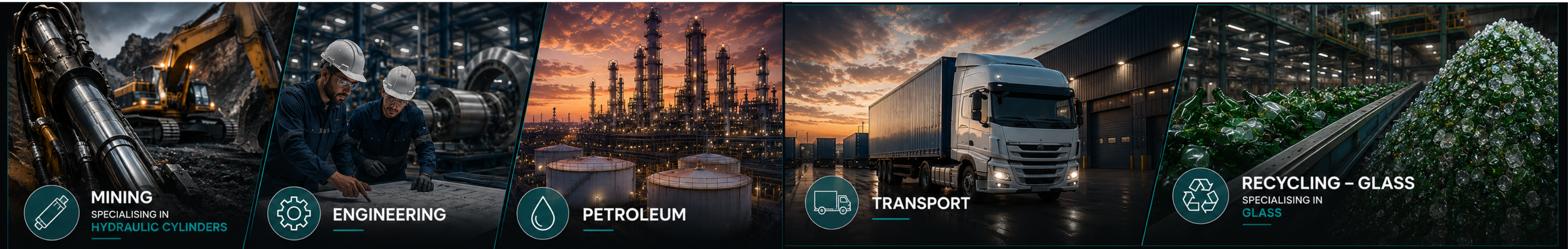 A collage showing various industrial scenes: mining with hydraulic cylinders, engineering workers checking plans, oil refinery tanks at sunset, a transport truck at a warehouse, and a recycling plant with glass bottles. Each section highlights a different industry.