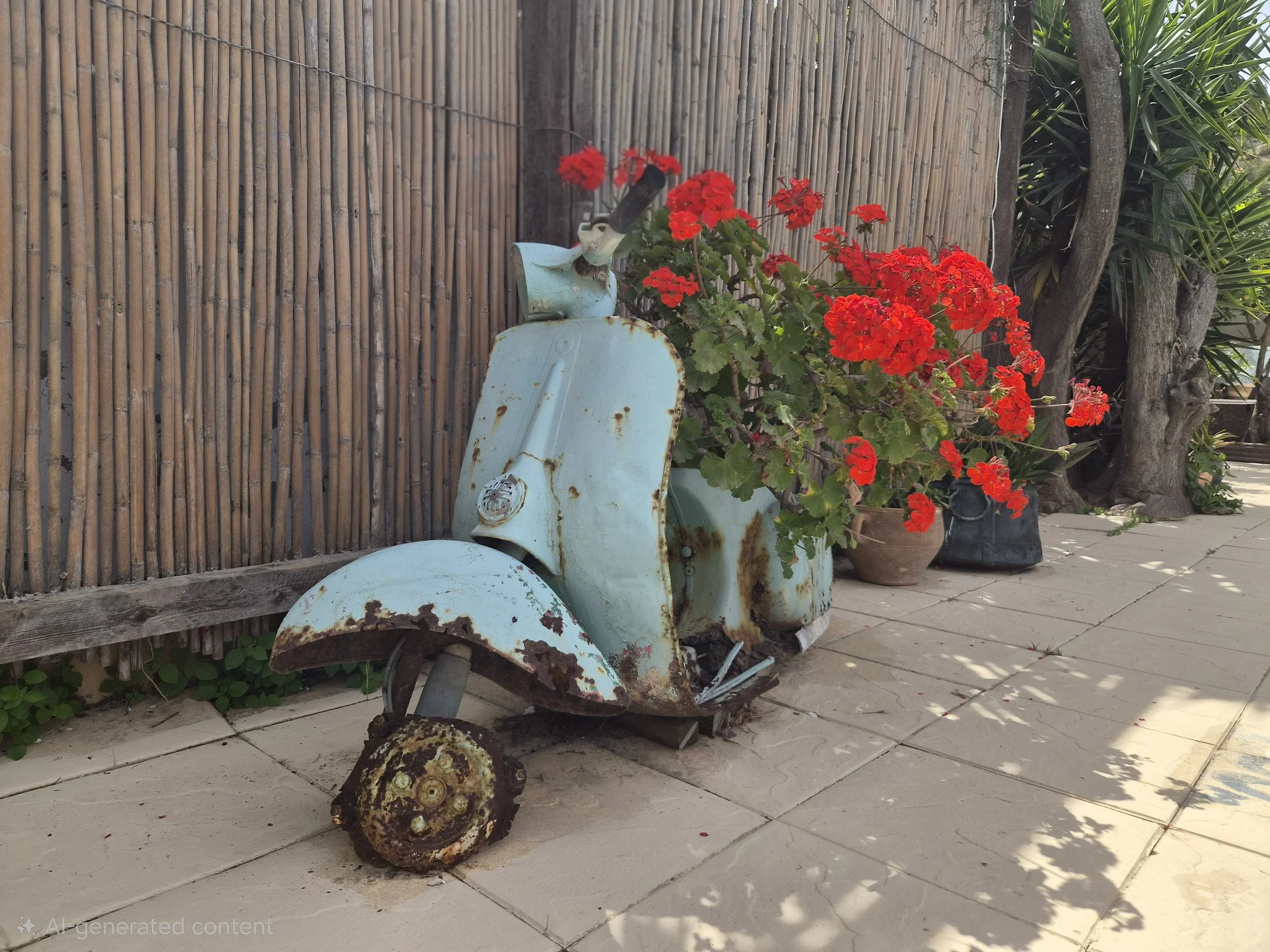 An old rusty light blue scooter with a broken wheel resting on a tiled patio, next to a pot of red geranium flowers and a tree, with a bamboo fence in the background.