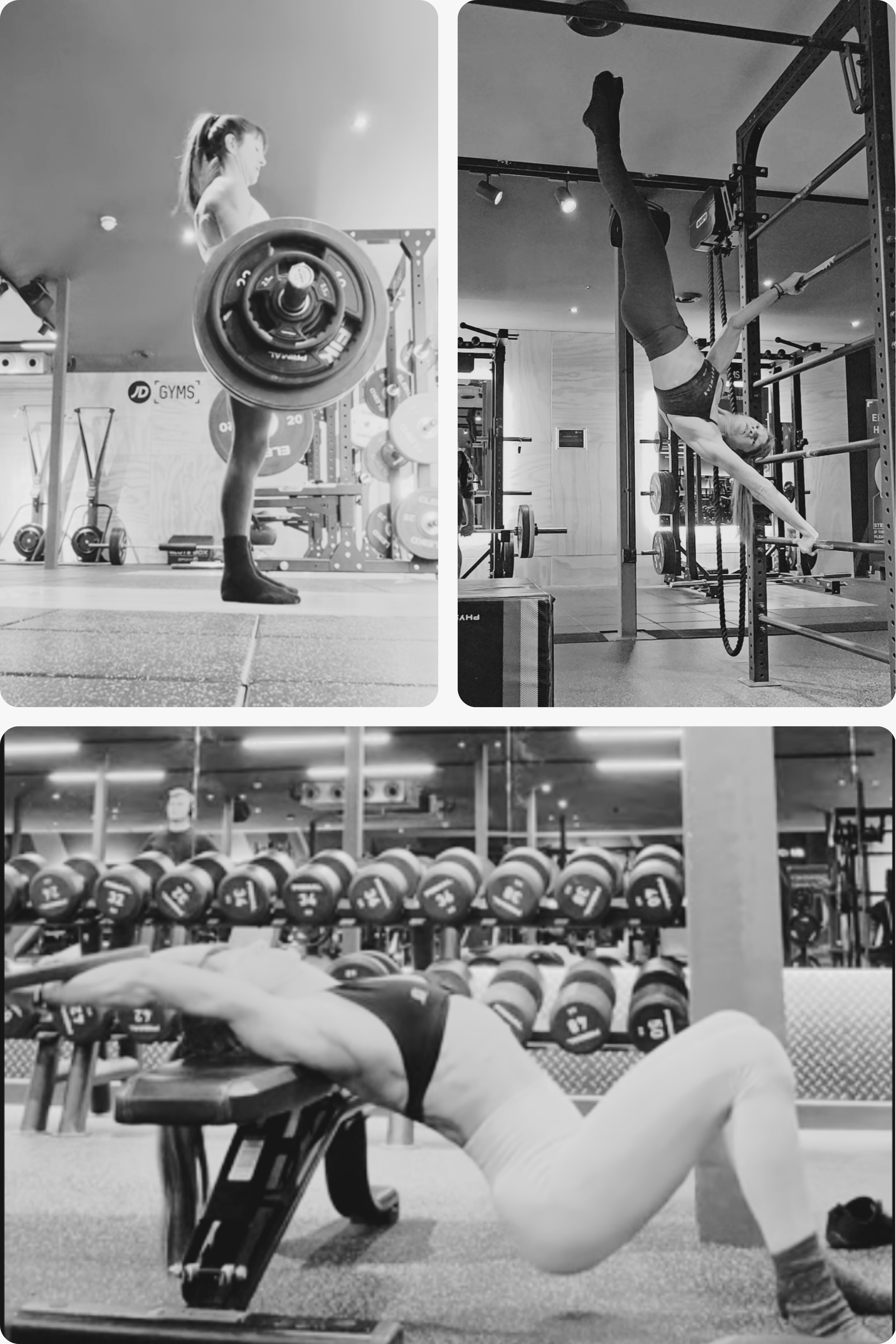 Black and white photo of a woman lying on a bench in a gym, holding a dumbbell in her right hand, with a row of kettlebells and weights behind her. There is a split image showing her doing a handstand with her legs extended upward against a gym structure.