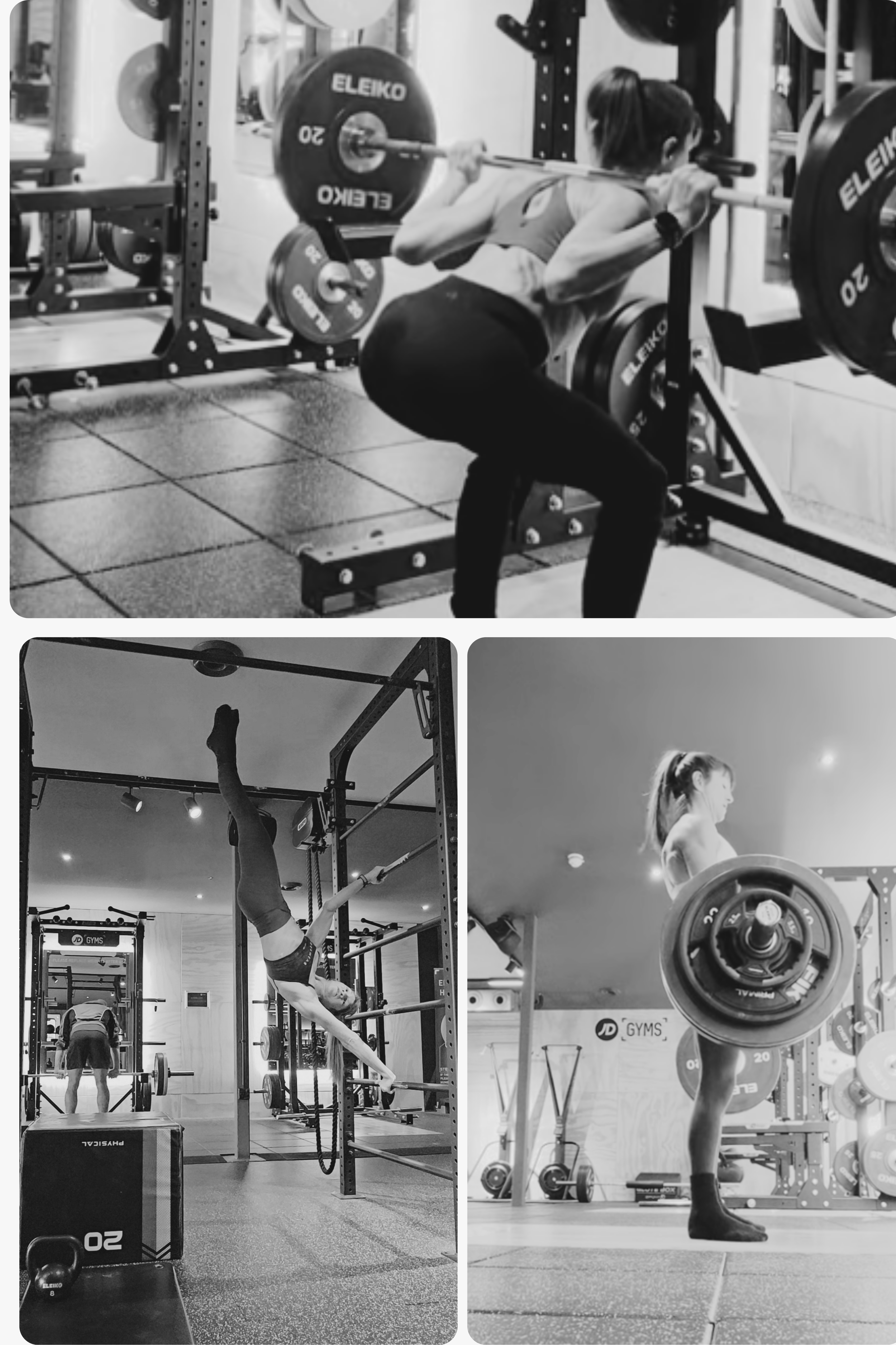 Black and white photos of women performing various exercises in a gym, including squats, handstands, and lifting weights.