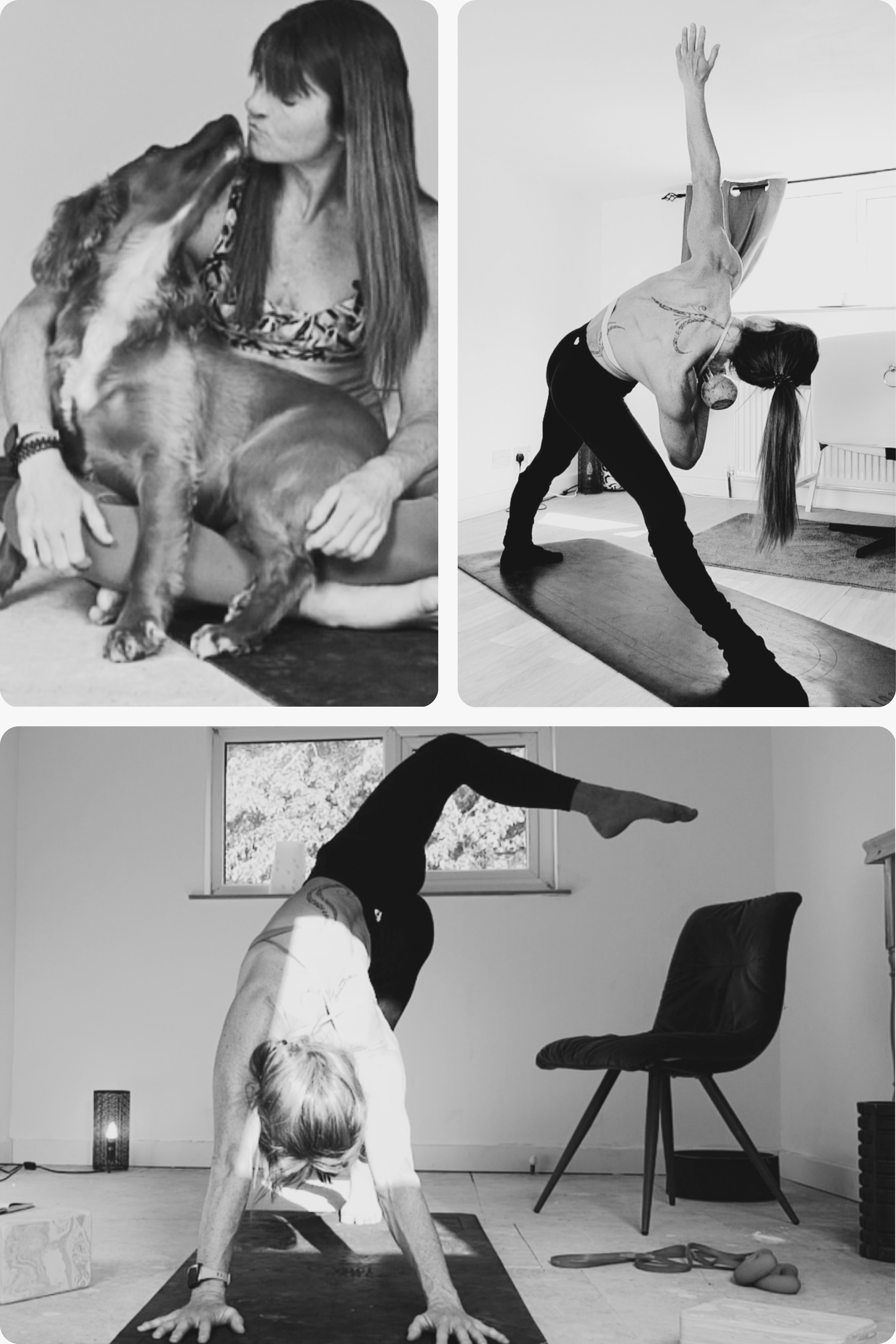A woman practicing yoga in a room with a window, performing a downward dog pose with her feet on the ground and her hands on the floor, wearing black leggings and white top, near a chair and yoga props.